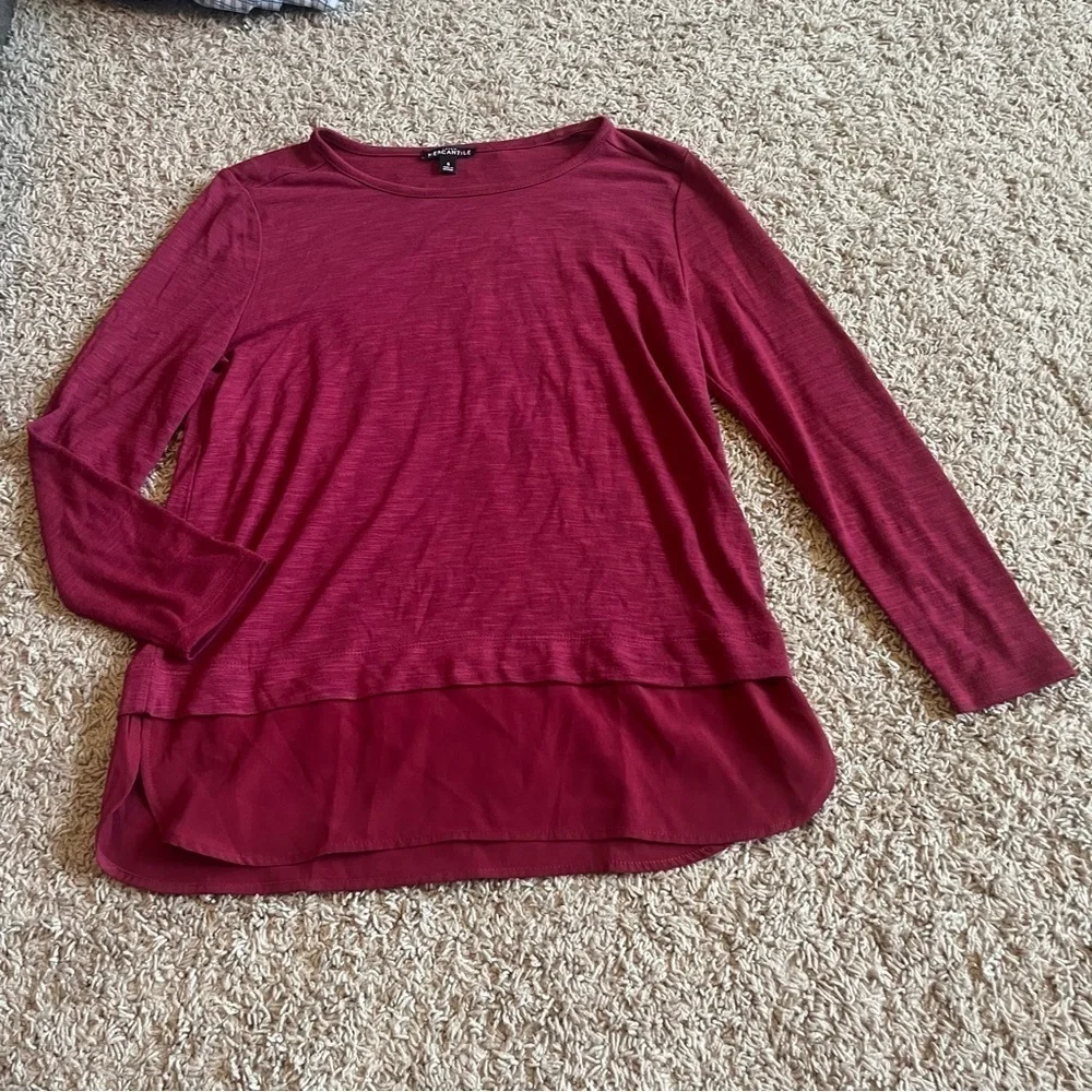 J.Crew Mercantile Magenta Mixed Media Layered Hem Long Sleeve Top Small
